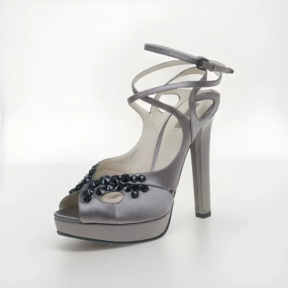 Bottega Veneta Grey Satin Embellished Bead Ankle Strap Platform Heels Sandal